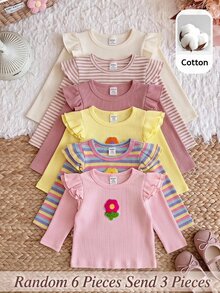 SHEIN Baju Atasan Lengan Panjang Rajut Kasual Warna Polos Lucu dan Serbaguna untuk Bayi Perempuan Musim Gugur/Dingin, 3 Potong - MultiWarna - View 6