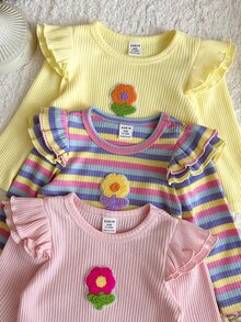 SHEIN Baju Atasan Lengan Panjang Rajut Kasual Warna Polos Lucu dan Serbaguna untuk Bayi Perempuan Musim Gugur/Dingin, 3 Potong - MultiWarna - View 3