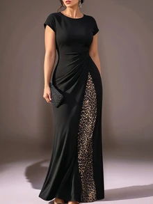 Velvienne Black Slim Fit Bodycon Long Dress, Twisted Pleated Waist Design, Inner Layer Spliced Leopard Print Mesh, Elegant Plus Size Cocktail Party Dress - Black - View 1