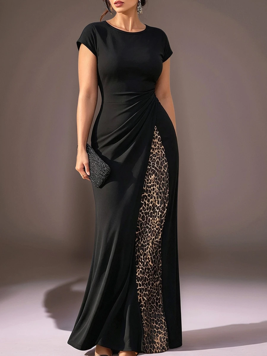 Velvienne Black Slim Fit Bodycon Long Dress, Twisted Pleated Waist Design, Inner Layer Spliced Leopard Print Mesh, Elegant Plus Size Cocktail Party Dress - Black - View 1