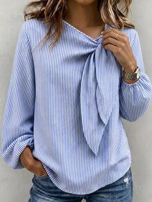 Linhara CURVE Plus-Size Women's Fall Striped Pattern Round-Neck Tie-Dye Loose-Fitting Long-Sleeved Top. Suitable For Commuting, Daily Casual Wear, Daily Outings - Blue and White - View 5