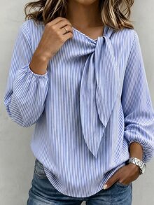 Linhara CURVE Plus-Size Women's Fall Striped Pattern Round-Neck Tie-Dye Loose-Fitting Long-Sleeved Top. Suitable For Commuting, Daily Casual Wear, Daily Outings - Blue and White - View 4