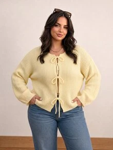 CosyJoli Plus Size Autumn/Winter Romantic Casual Minimalist Versatile Preppy Style Lace-Up Bow Loose Fit Yellow Knit Cardigan Sweater - Yellow - View 6