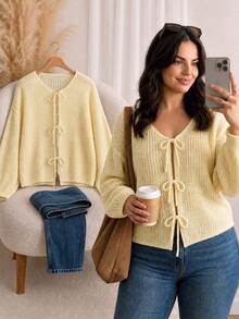 CosyJoli Plus Size Autumn/Winter Romantic Casual Minimalist Versatile Preppy Style Lace-Up Bow Loose Fit Yellow Knit Cardigan Sweater - Yellow - View 10