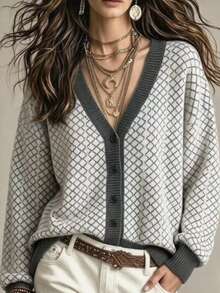 Trelyra Cardigan Longgar Wanita Regular Fit Motif Kotak-kotak Colorblock Bahu Jatuh Lengan Panjang Leher V - Light Grey - View 1