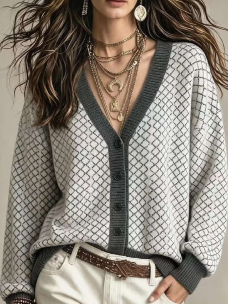 Trelyra Cardigan Longgar Wanita Regular Fit Motif Kotak-kotak Colorblock Bahu Jatuh Lengan Panjang Leher V - Light Grey - View 1