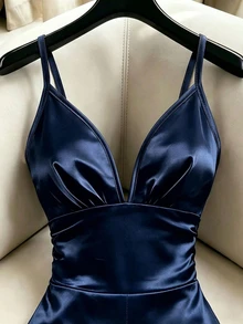 SHEIN Franclia Women's New Elegant Sexy Backless Spaghetti Strap Sleeveless Black Solid Color Summer Versatile Bodysuit: Women's Elegant Bodysuit, Sexy Bodysuit, Black Bodysuit, Solid Color Bodysuit, Women's Summer Vacation Bodysuit, Satin Bodysuit, Suitable For Daily, Vacation, Beach, Commute, Date, Party, Banquet, Music Festival, Afternoon Tea, Airport, Home, Etc. - Dusty Blue - View 5