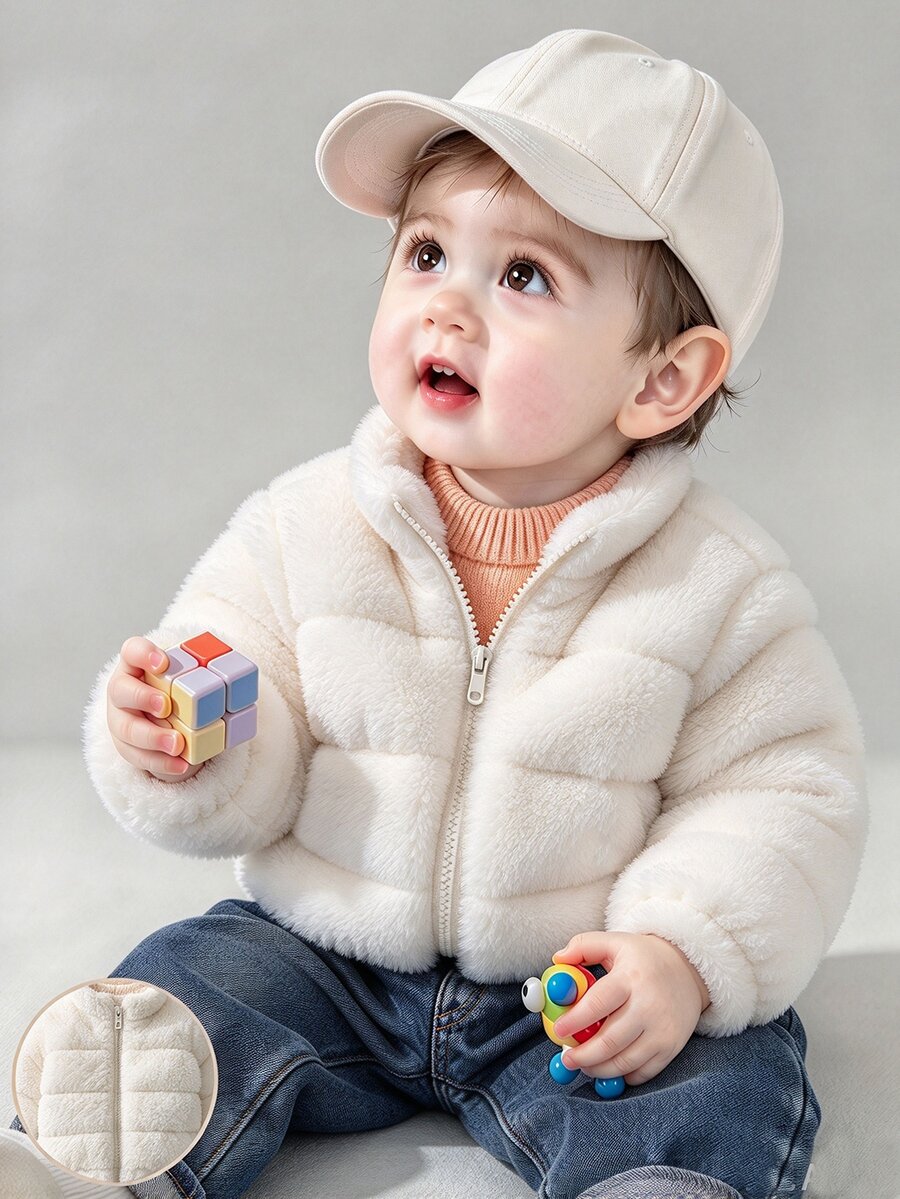 SHEIN 幼兒男嬰加厚鋪棉羽絨外套 白色可愛學院風 毛茸茸絨毛雪尼爾夾絨 拉鍊長袖立領 厚實保暖 戶外冬季聖誕節假期舒適款 - 杏色 - 查看 1