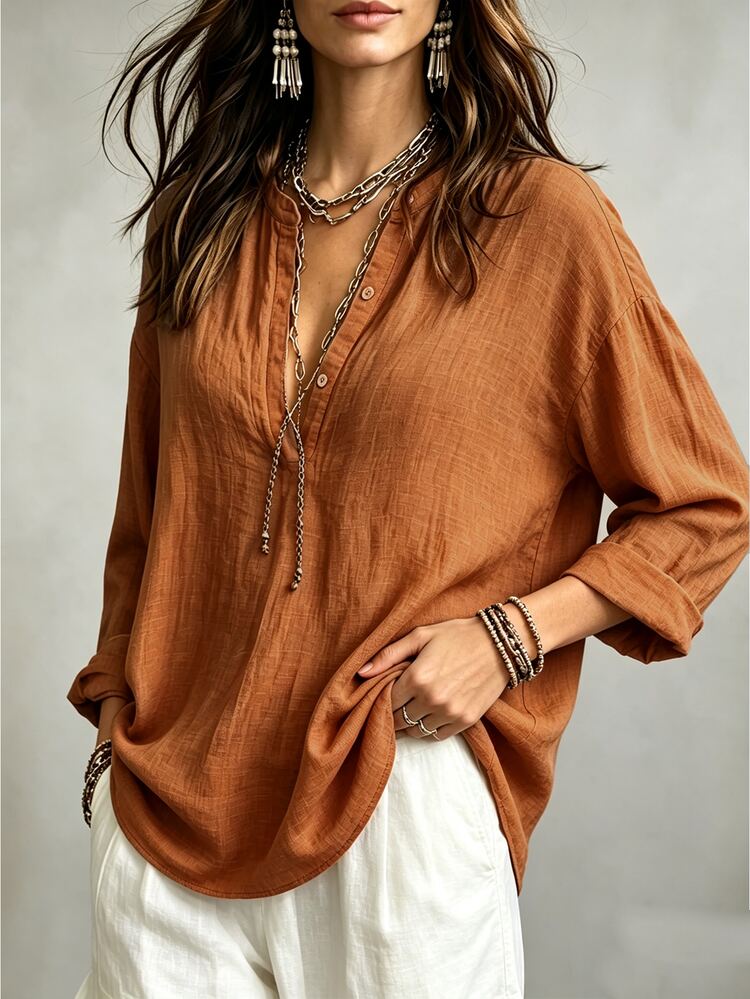 Linhara CURVE Plus Size Woven Casual Office-Style Autumn Shirt Fall - Burnt Orange - View 7
