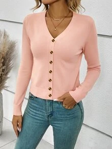 SHEIN Frenchy 女款素色長袖單排扣開襟羊毛衫，秋季休閒辦公商務風 - 珊瑚粉 - 查看 6