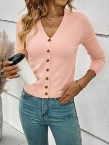 SHEIN Frenchy 女款素色長袖單排扣開襟羊毛衫，秋季休閒辦公商務風 - 珊瑚粉 - 查看 4