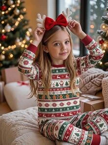 SHEIN Tween Girls Tween Girl Autumn/Winter Christmas Cute Fashion Versatile Party Long Sleeve Pants Set Daily Home Wear Slim Fit - Red and White - View 4