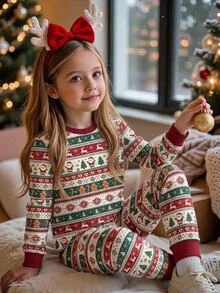 SHEIN Tween Girls Tween Girl Autumn/Winter Christmas Cute Fashion Versatile Party Long Sleeve Pants Set Daily Home Wear Slim Fit - Red and White - View 6