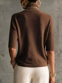 SHEIN ملابس علوية نسائية محبوكة بياقة عالية أنيقة للربيع والخريف، بأكمام كوع وأساور مضلعة، بقصة فضفاضة وحافة مستقيمة - قهوة بني - مشاهدة 2