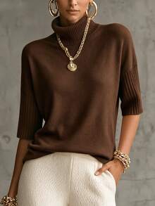 SHEIN ملابس علوية نسائية محبوكة بياقة عالية أنيقة للربيع والخريف، بأكمام كوع وأساور مضلعة، بقصة فضفاضة وحافة مستقيمة - قهوة بني - مشاهدة 3