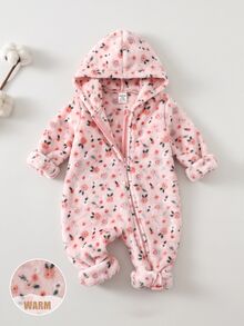 SHEIN Baby Girl Ditsy Ditsy Floral Hooded Flannel Autumn Jumpsuit - Pink - View 1