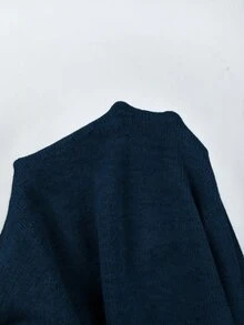 SHEIN 新款春夏秋冬女款高領針織上衣 羅紋袖口 肘長袖 寬鬆直擺下襬 - 藏蓝色 - 查看 7