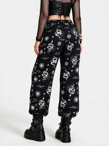 Breakform Dark Style Snake Print Sun Graphic Cuffed Casual Wide Leg Pants - Multicolor - View 6