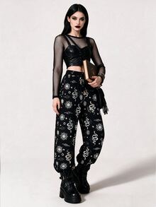 Breakform Dark Style Snake Print Sun Graphic Cuffed Casual Wide Leg Pants - Multicolor - View 1