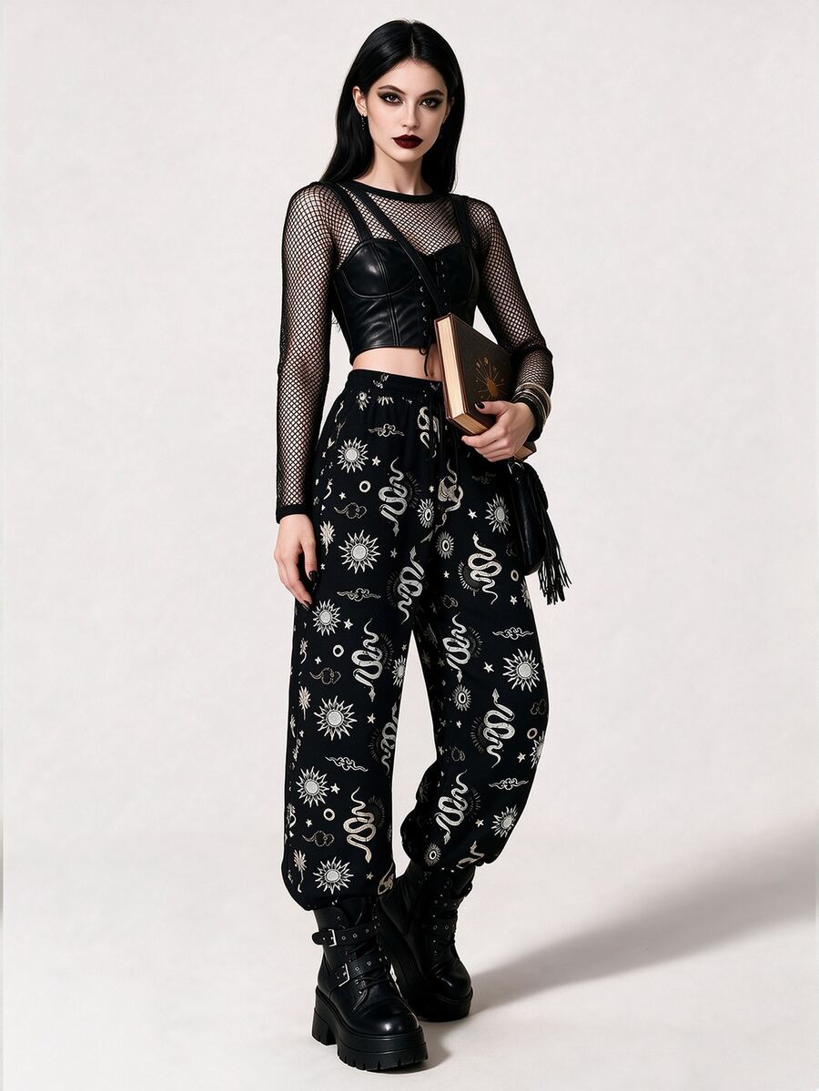 Breakform Dark Style Snake Print Sun Graphic Cuffed Casual Wide Leg Pants - Multicolor - View 1