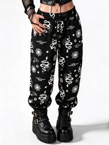 Breakform Dark Style Snake Print Sun Graphic Cuffed Casual Wide Leg Pants - Multicolor - View 4