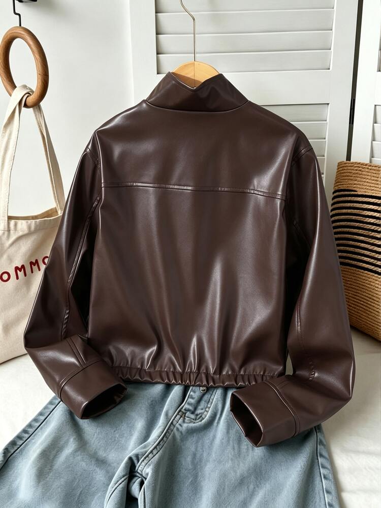 SHEIN Sparklyn Teenage Short PU Jacket, Stand Collar Snap Button Long Sleeve Leather Coat, Elastic Waist Hem Short Fit, Vintage Streetwear Baggy Dark Brown Work Fall - Brown - View 7