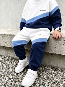 2Pcs Boys Sweatshirt Set, Digital Print Long Sleeve Crew Neck Top & Sweatpants, White Brown Color Block, Autumn Winter Casual Outfit - Black - View 1