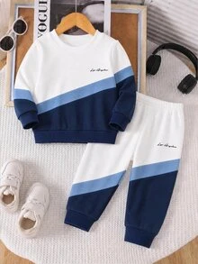 2Pcs Boys Sweatshirt Set, Digital Print Long Sleeve Crew Neck Top & Sweatpants, White Brown Color Block, Autumn Winter Casual Outfit - Black - View 2