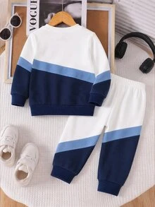 2Pcs Boys Sweatshirt Set, Digital Print Long Sleeve Crew Neck Top & Sweatpants, White Brown Color Block, Autumn Winter Casual Outfit - Black - View 3