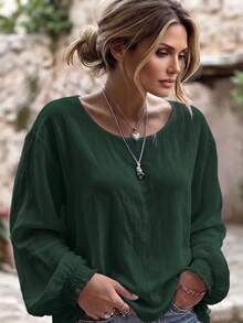 Linhara CURVE Plus Size Women's Woven Casual Fall Blouse Jacket - Dark Green - View 1