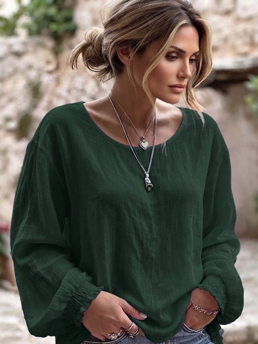 Linhara CURVE Plus Size Women's Woven Casual Fall Blouse Jacket - Dark Green - View 1