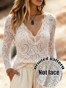 SHEIN LUNE CURVE Plus Size Women V-Neck Lace Patchwork Fitted Versatile Daily Casual Elegant Long Sleeve T-Shirt Autumn Tea Party Formal Beige - White - View 3