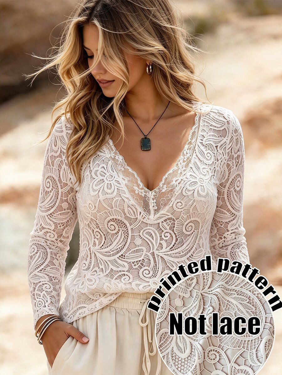 SHEIN LUNE CURVE Plus Size Women V-Neck Lace Patchwork Fitted Versatile Daily Casual Elegant Long Sleeve T-Shirt Autumn Tea Party Formal Beige - White - View 1