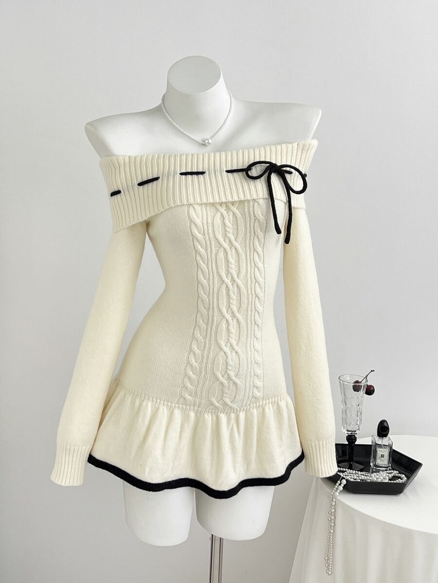 Mori Grove Mori Grove Women's Autumn/Winter Sexy Sweet Party Dress Off-Shoulder Sweater Dress For Photo Shoots - Apricot - View 1