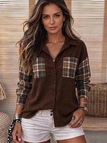 Holdful Holdful Áo khoác sơ mi shacket nữ cổ bẻ phong cách casual, tay dệt vặn thừng, túi đắp, cài cúc - màu nâu - Xem 5
