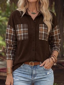Holdful Holdful Áo khoác sơ mi shacket nữ cổ bẻ phong cách casual, tay dệt vặn thừng, túi đắp, cài cúc - màu nâu - Xem 3