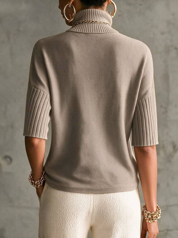 SHEIN New Spring Fall Sophisticated Turtleneck Knit Top Women Ribbed Cuff Elbow Sleeve Relaxed Straight Hem - Mocha Brown - View 2
