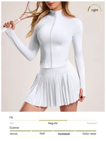 CourtClass CourtClass Women's Minimalist Solid Color Zip-Up Jacket And Pleated Skirt Tennis Outfit, 2pcs Set - White - View 5