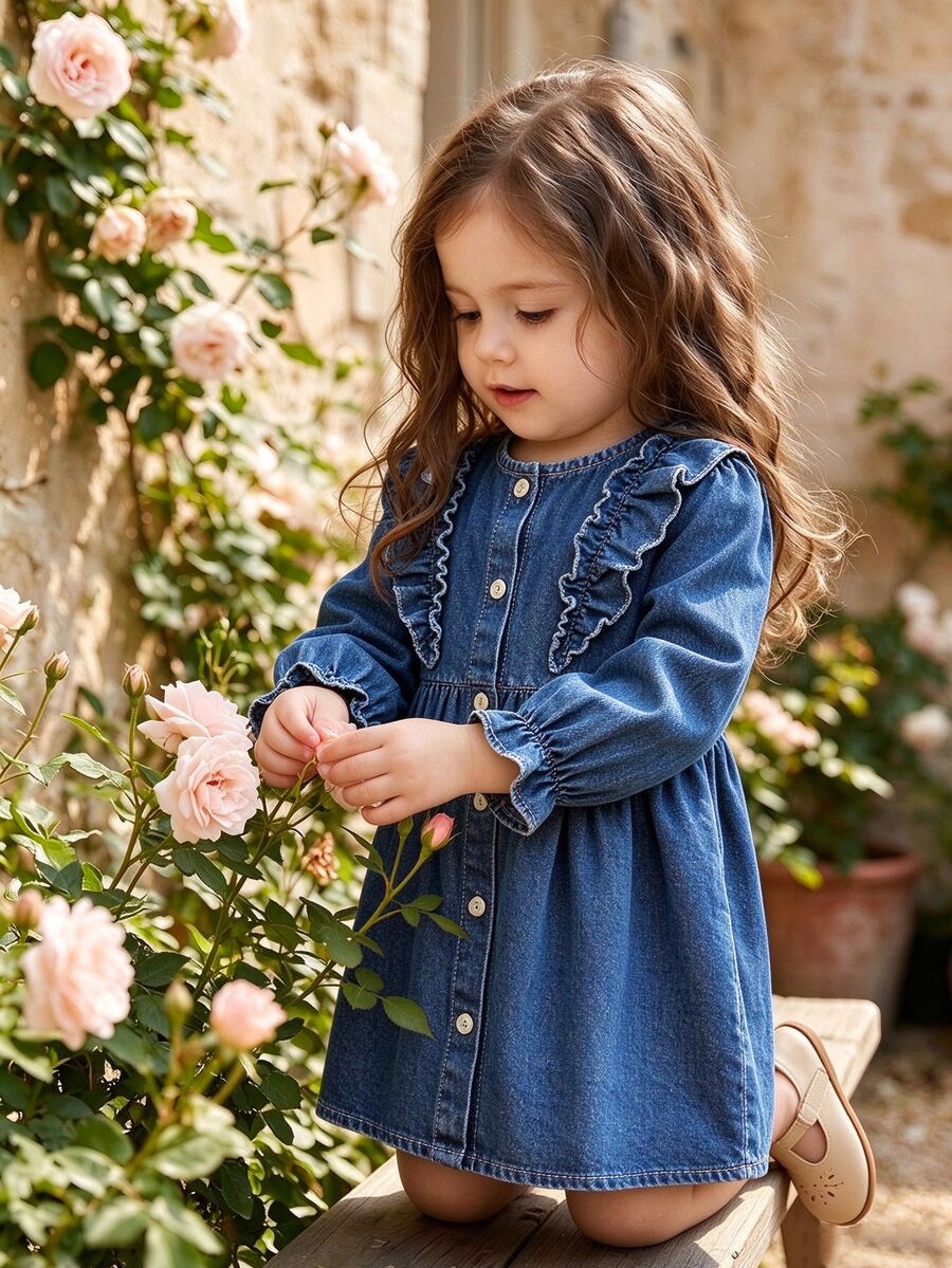 SHEIN 1 buah Gaun Denim Berkerut untuk Balita Perempuan, Gaun Putri Manis Biru Denim dengan Kancing dan Hiasan Berkerut, Lengan Panjang Berlipat, Leher Bulat, Cocok untuk Pesta Ulang Tahun, Liburan Musim Gugur, dan Nyaman. - Light Wash - View 1