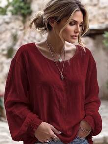 Linhara CURVE Plus Size Women's Woven Casual Fall Blouse Jacket - Burgundy - View 1