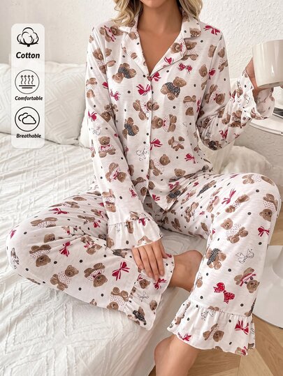 SHEIN Women Cotton Knitted Multicolor Teddy Bear Print Button Front Long Sleeve Comfy Casual Pajama Set With Frill Cuffs & Frill Hem Long Pants