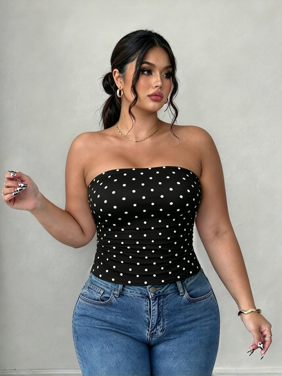 Elenzga 大尺碼女款休閒波點圖案修身抹胸上衣,夏季 - 彩色 - 查看 1
