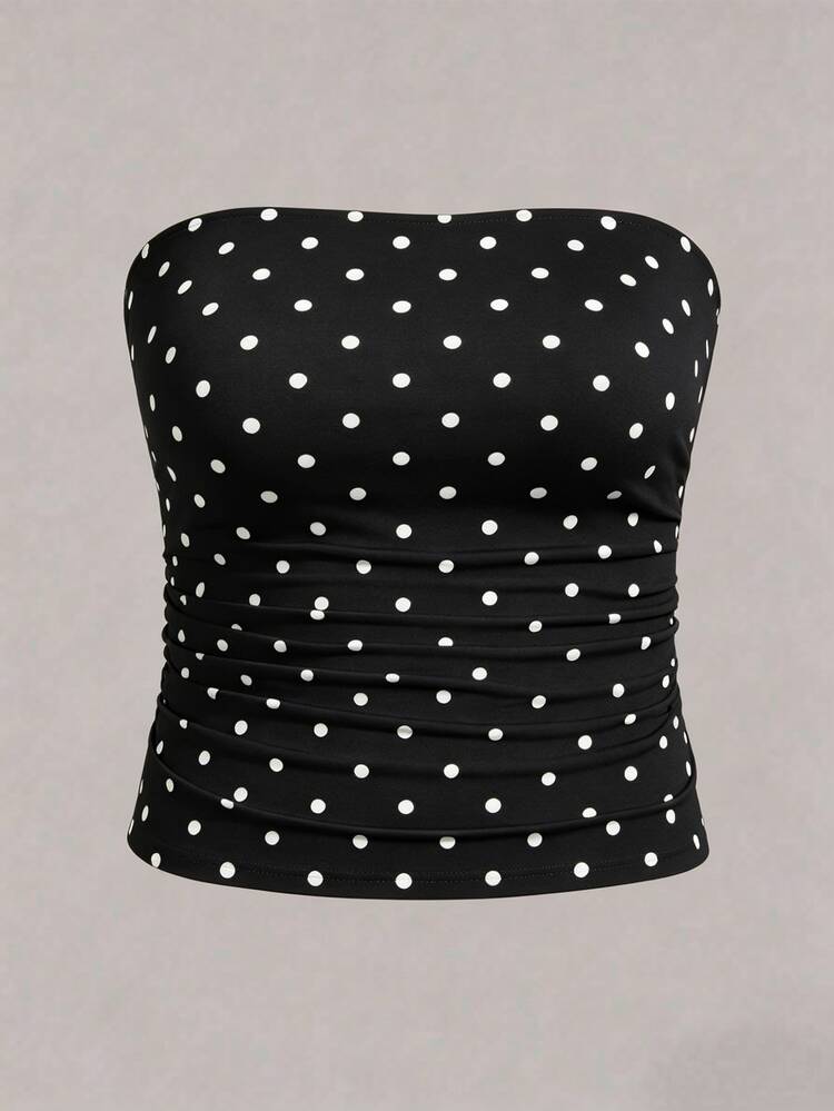 Elenzga Plus Size Women Casual Polka Dot Pattern Fitted Tube Top, Summer - Multicolor - View 3