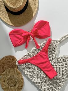 SHEIN Swim Women's Summer Solid Color Bandeau Metal Decor Sexy Strappy 2 Pieces Bikini Set - Red - View 2