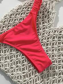 SHEIN Swim Women's Summer Solid Color Bandeau Metal Decor Sexy Strappy 2 Pieces Bikini Set - Red - View 6