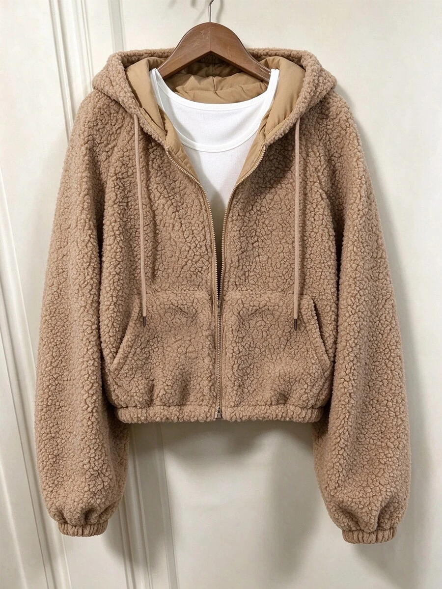 Franclia Women's Autumn/Winter Thick Casual Versatile Long Sleeve Hooded Zip-Up Jacket - Khaki - View 1