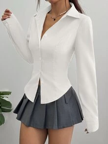 Sweetra Women's Casual Versatile Commuter Solid Color Waist Shirt - White - View 5
