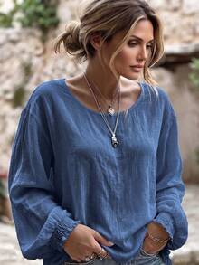 Linhara CURVE Plus Size Women's Woven Casual Fall Blouse Jacket - Blue - View 1