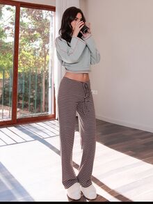 Bris Aura 女士新款棕色条纹低腰裤，秋冬季 - 卡其色 - 查看 6