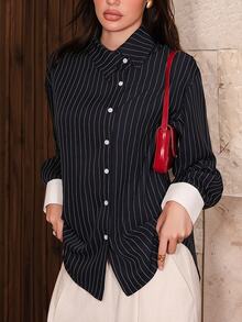 Bris Aura Blus Wanita Kasual Longgar dengan Motif Garis-Garis Kontras dan Kancing Asimetris, Elegan, Cocok untuk Musim Semi dan Gugur - Navy Blue - View 4